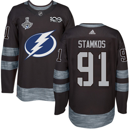 Men Adidas Tampa Bay Lightning #91 Steven Stamkos Black 1917-2017 100th Anniversary 2020 Stanley Cup Champions Stitched NHL Jersey